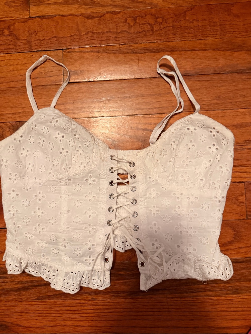 Garage White Eyelet Lace-Up Cropped Cami